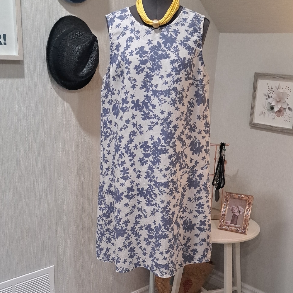 Terzo Millennio   Sleeveless White Dress with Blue Floral Print